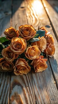 A bouquet of longstemmed roses in a warm, golden light falls elegantly across a rustic wooden table