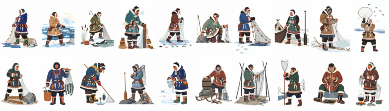 Traditional Arctic Fishing: Inuit people in winter attire engage in various ice and water fishing activities, using nets, spears, and preparing their catch in snowy landscapes.