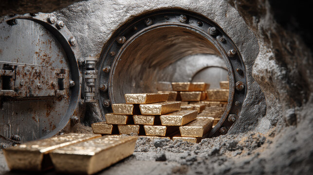 Industrial vault storing freshly refined gold bars from mine, mining, final stage of value realization 