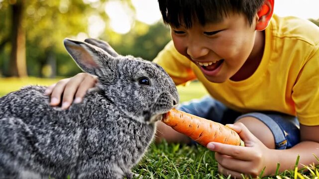 Boy feeding a rabbit a carrot in a sunny park.