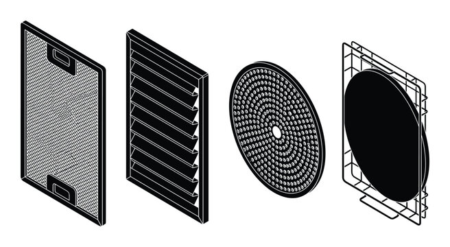 Isometric view of kitchen vent parts filter, louvers, circular diffuser, rack.