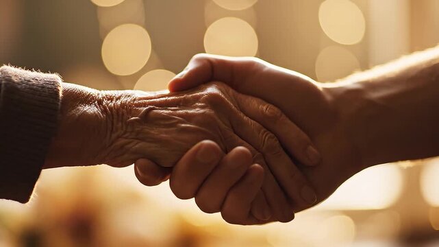 An elder hand and a younger hand clasping in a symbol of support, unity, and generational connection