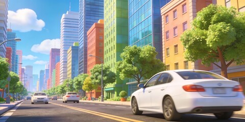 Fototapeta premium Colorful Cityscape with Modern Buildings and Moving Cars