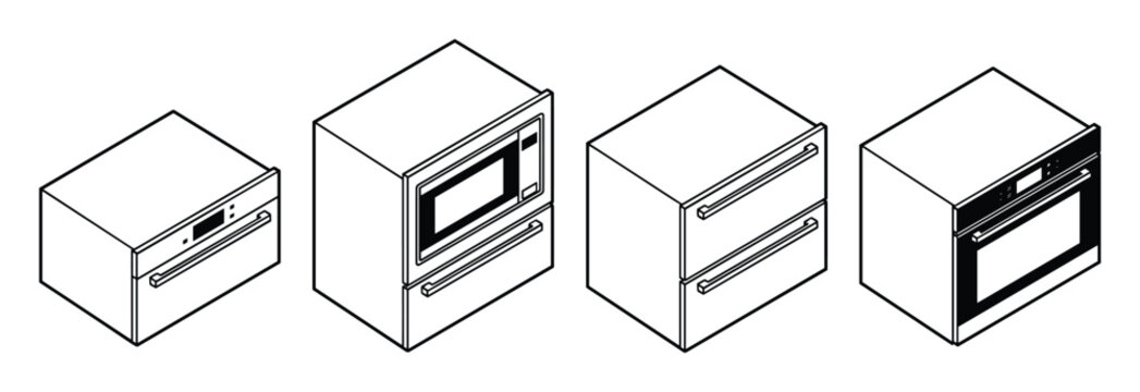 Kitchen appliances isometric illustration, built-in oven, microwave, and drawer cabinets