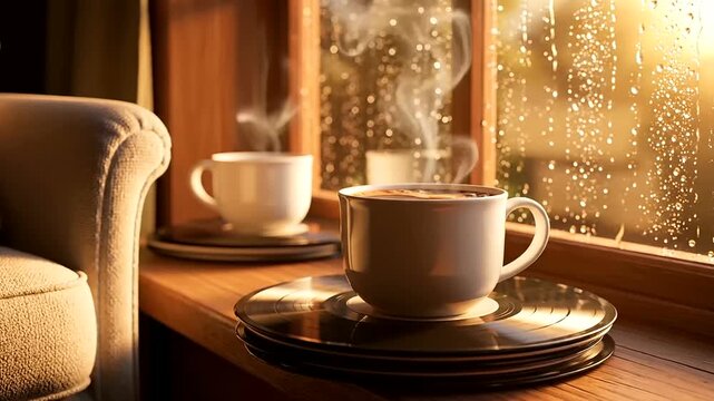 A delightful steaming mug window view complements the cozy home decor, offering a peaceful and relaxing ambiance on a rainy day.