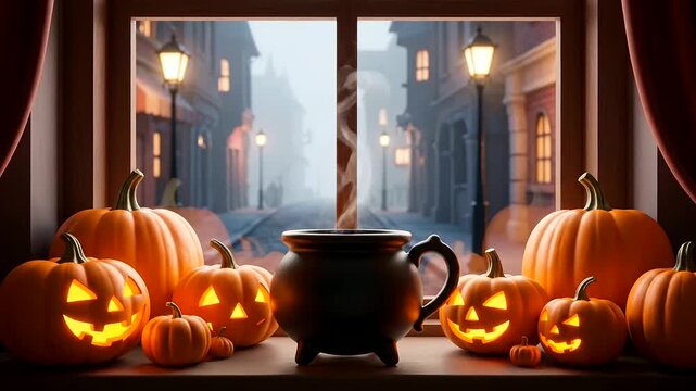 Cozy Home Decor featuring glowing jack-o'-lanterns and cauldrons on a windowsill creates a warm Halloween scene by a foggy street through a steaming mug window.