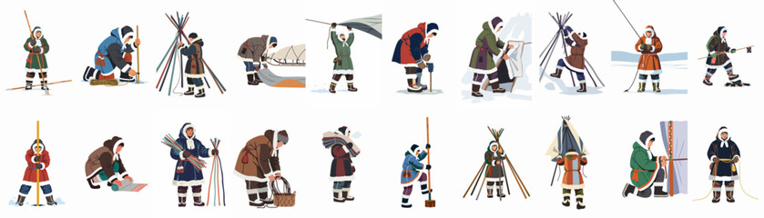 Indigenous Arctic people perform traditional winter activities like building shelters, ice fishing, and daily tasks in a cold, northern environment, a flat illustration. © Asep