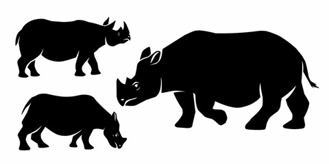 Black rhino silhouettes set in different poses, walking and standing rhinoceros, wild african animal vector illustration isolated on white background © Dicky