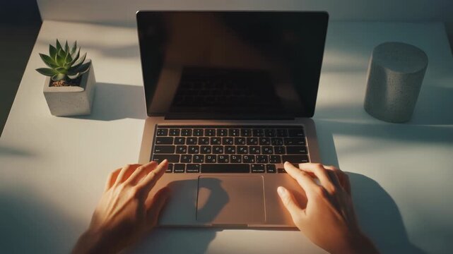 Person typing on laptop keyboard with succulent plant and cement decor accompanying workplace productivity