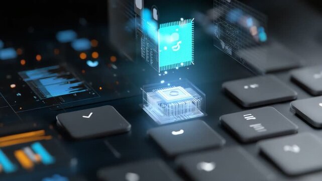 A close-up view of a keyboard with digital overlays, showcasing technology and innovation