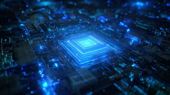 High-speed AI processor performing complex computations with glowing blue energy circuits (AI Generated)