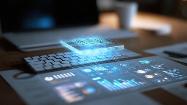 A modern workspace featuring a glowing holographic display above a keyboard, showcasing data analytics and digital communication, ideal for tech and innovation themes.