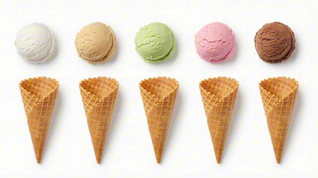 Assorted ice cream scoops and waffle cones in row, studio, variety, summer treats, playful, selection, dessert.