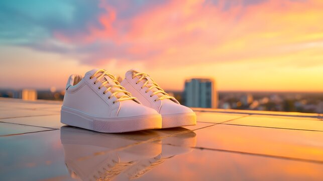 Skyline Sneakers: A pair of pristine white sneakers rests on a reflective surface against a backdrop of a colorful sunset, blending urban style with the serene beauty of the sky.