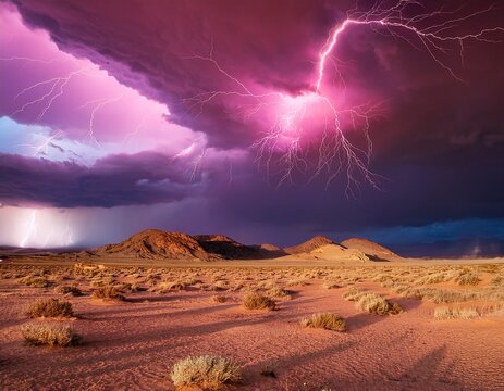 pink lightning storm with desert landscape