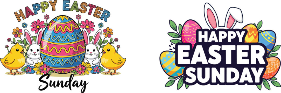Vibrant easter graphics featuring eggs chicks and bunny illustrations