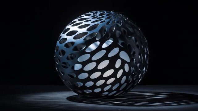 Abstract metal sphere with openwork design against a dark background