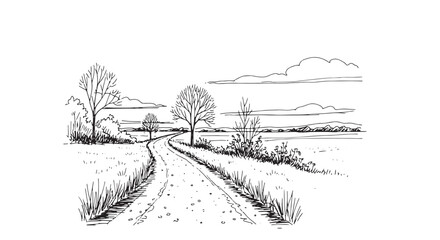 Naklejka premium Winding dirt road in rural field line art