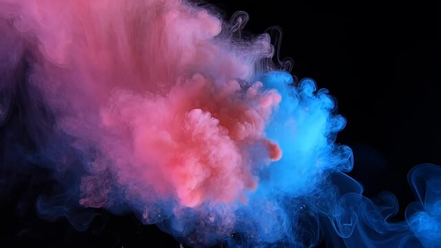 Abstract billowing cloud of pink and blue smoke against a black backdrop