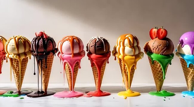 Row of colorful ice cream cones with melting toppings on white surface
