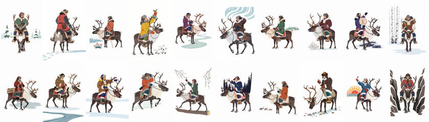 Illustrations of nomadic people riding reindeer through diverse winter landscapes, showcasing traditional life, arctic travel, and cultural adventures. © Asep