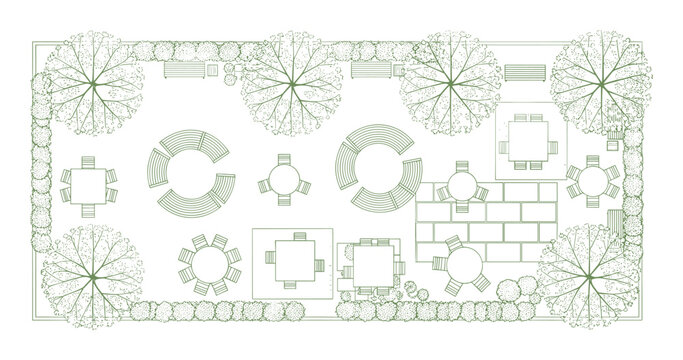 Outdoor garden plan with tables, chairs, benches, plants and landscaping design