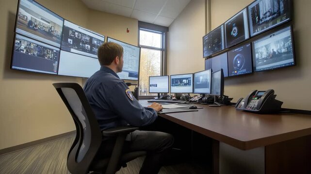 Dedicated security officer monitors multiple surveillance feeds on a bank of screens, ensuring constant vigilance and safety in a modern control room environment