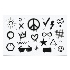 Fototapeta premium Hand drawn vector icons set featuring a black silhouette collection of education and travel signs including a wedding heart and food pictograms for web design illustration