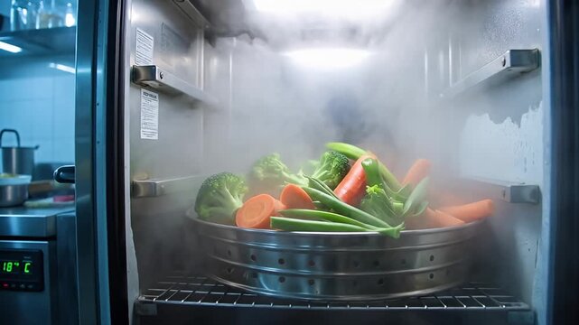 Steaming vegetables in a commercial steamer, showcasing vibrant colors and textures
