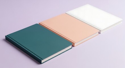 Three blank notebooks in different colors arranged diagonally on a light purple background.