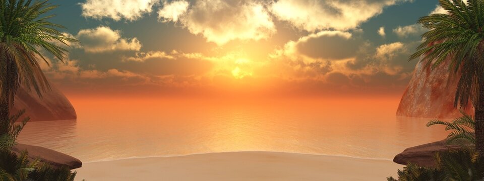 Beautiful sunset at sea among rocks and palm trees, sea sunset, malma char and the sea. Rocks in the water, 3D rendering