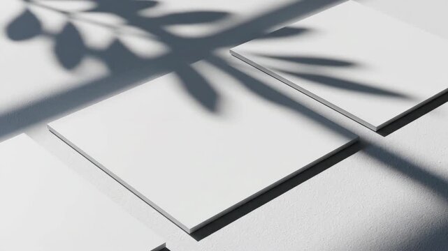 Clean white square cards with plant shadow overlay on textured surface perfect for mockups and overlaying text or graphics in advertising