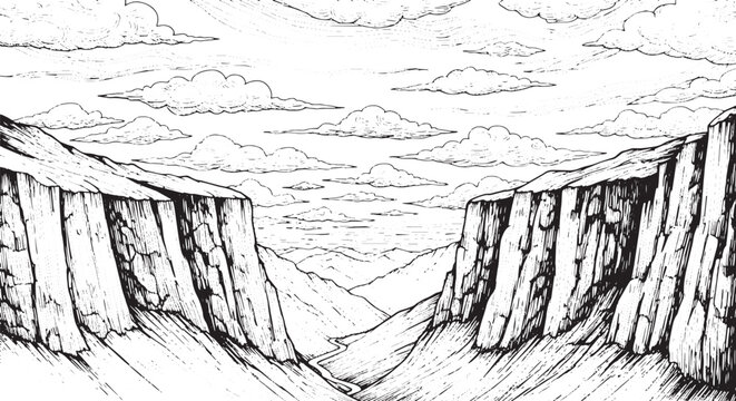 High Plateau Canyon Cliffs Line Art Illustration