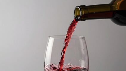 Pouring a stream of vibrant red wine from bottle into a clear glass on plain background
