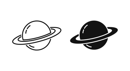 Minimalist Saturn planet icon set featuring outline and solid black silhouette styles for astronomy, science education, and space exploration graphic design projects. © JASIYA