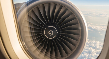Fototapeta premium Dynamic perspective of a modern jet engine intake blades through an aircraft window at cruising altitude