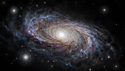Fototapeta premium Distant galaxy with swirling arms and bright stars shines in the dark of space