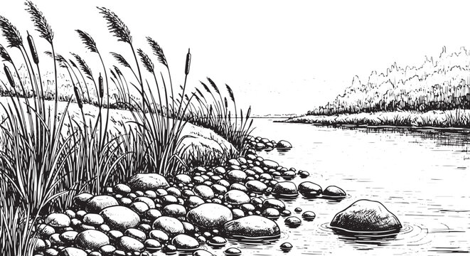 Riverside reeds and rocks natural landscape sketch