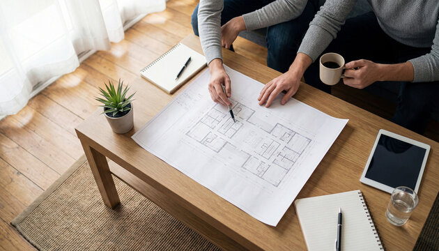 Hands Pointing At House Blueprint During Home Design Consultation In Living Room