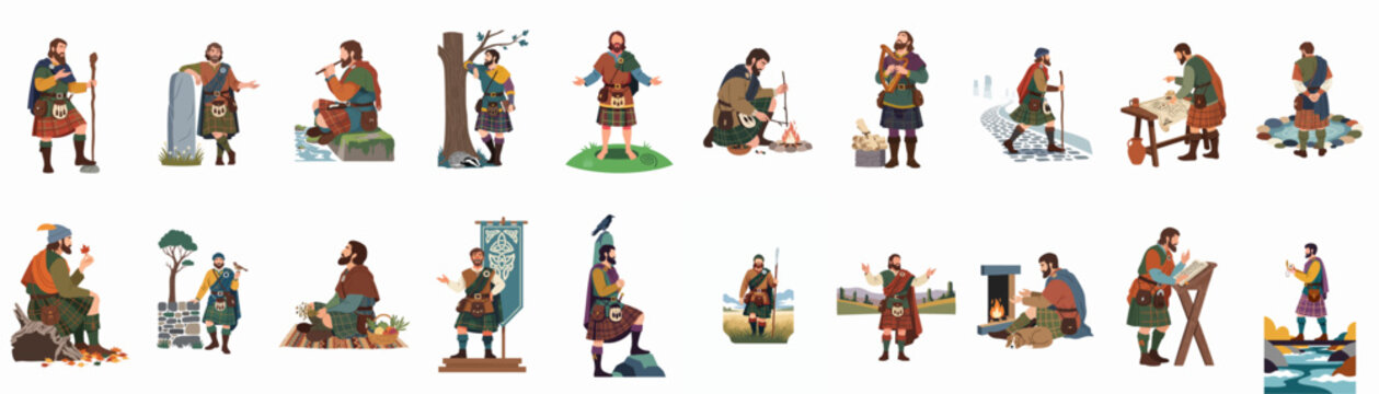Historical and Cultural Scottish Men Illustrations in Kilts: Depicting Traditional Life, Music, Nature, and Exploration.