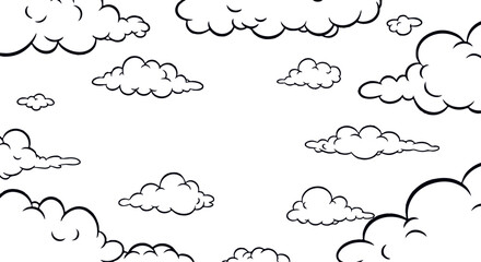 Fototapeta premium A black and white illustration of various cloud shapes and sizes on a plain white background, featuring puffy, fluffy, and wispy cloud formations in different styles.