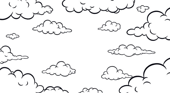 A black and white illustration of various cloud shapes and sizes on a plain white background, featuring puffy, fluffy, and wispy cloud formations in different styles.