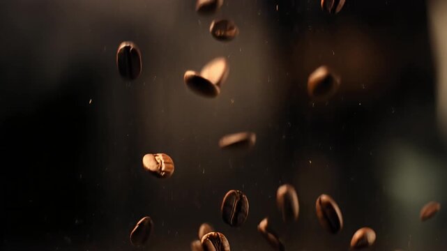 Roasted coffee beans dramatically falling in a captivating display of gravity