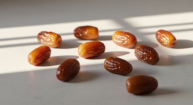 Sweet dates scattered on white background with natural sunlight and window shadows. Minimalist ramadan food concept.
