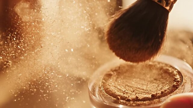 Macro shot of a makeup brush scooping shimmering bronzer powder from a clear jar, creating a cloud of golden dust