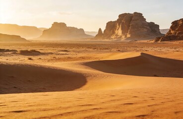 Sunset over golden desert dunes with rock formations