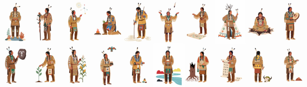 Diverse set of Native American men illustrations in traditional dress, depicting cultural practices, spiritual rituals, and historical heritage.