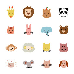 Obraz premium 手描き動物のフラットなかわいい顔アイコン
