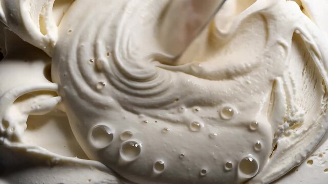 Close up of swirling creamy white substance with transparent bubbles