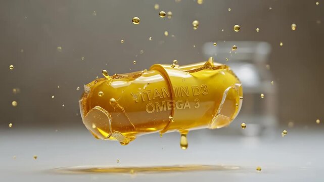 EyeCatching Vitamin D3 Omega 3 Capsule Bursting with Golden Liquid and Bubbles